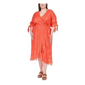 MICHAEL MICHAEL KORS Womens Orange Unlined Tie Cuffs Midi Dress Plus 1X